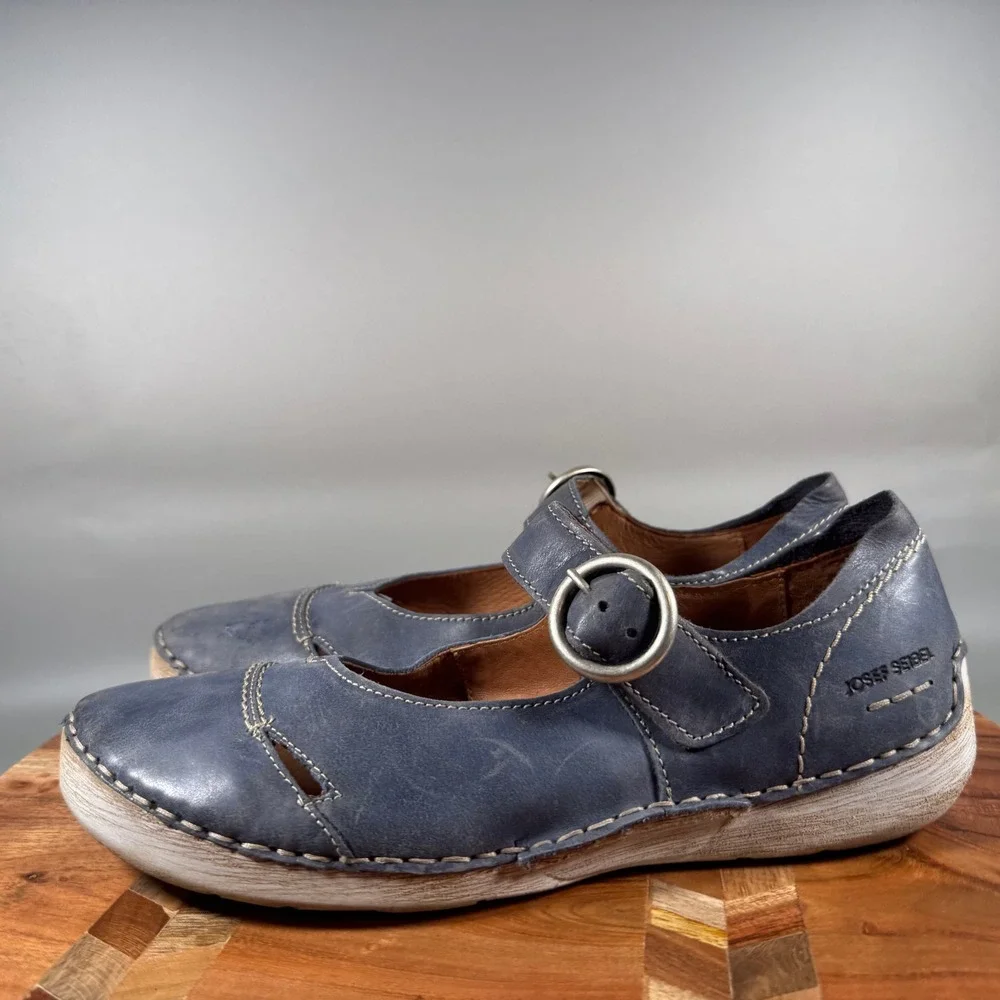 Josef Seibel Blue Leather Mary Jane Buckle Shoes Womens 39 Contrast Stitching